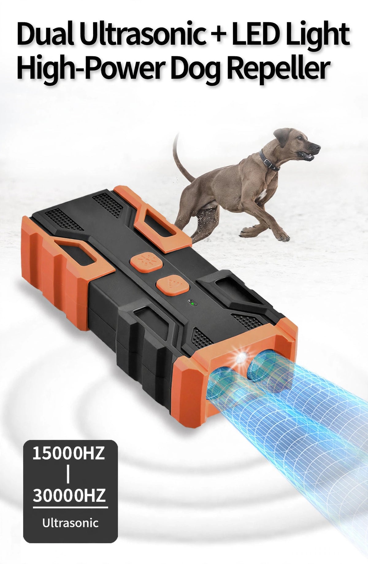 Dual-Head Ultrasonic Dog Repeller with LED Torch